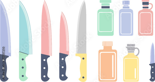 Colorful Kitchen Knives and Bottles Set in Bright Pastel Tones