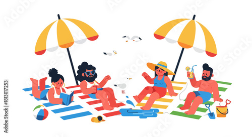 Illustration Of Friends Relaxing Under Umbrellas, Enjoying Beach Time and Cocktails