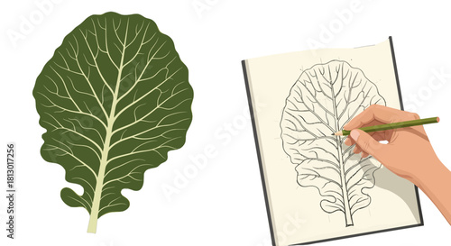 Illustration Of Leaf And Sketching Process Focusing On Botanical Art With Pencil
