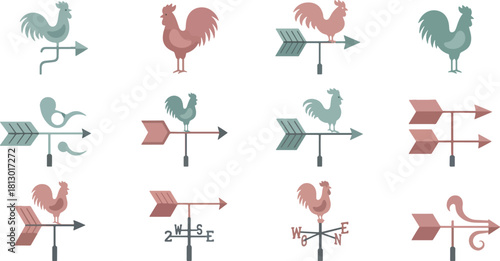 Set of Colorful Weather Vanes with Rooster and Arrow Designs in Pastel Tones