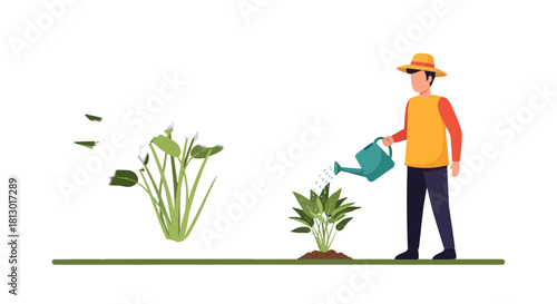 Illustration Of Man Watering Young Plants, Cultivating With Gentle Care In Garden
