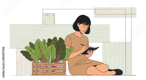 Illustration Of Woman Planning In Garden: Peaceful Scene with Diary and Vegetables