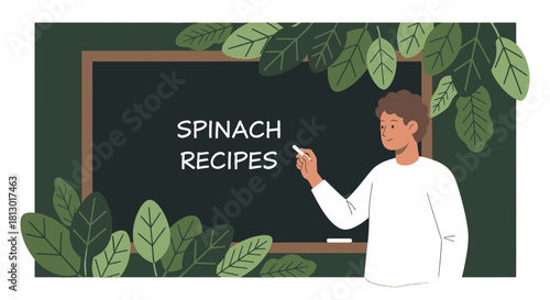 Inspiring Illustration of Spinach Recipe Ideas Taught by a Friendly Instructor