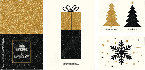 Festive Golden and Black Christmas Illustrations Featuring Gifts, Trees, and Snowflakes