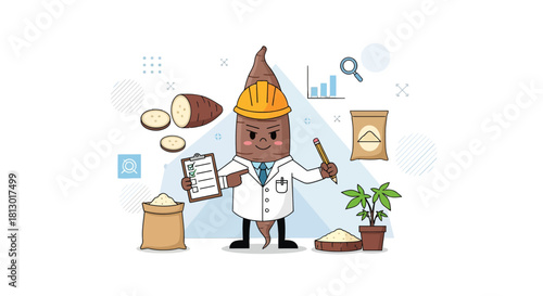 Innovative Cassava Scientist Character Icon Examining Food Production and Growth Analysis