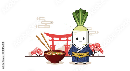 Japanese Radish Character in Kimono Near Chopsticks And Bowl Of Soup Against Black Background