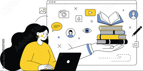 Digital learning and online education concept with a woman studying on a laptop and a hand holding a stack of books and educational icons