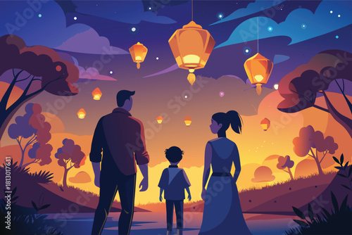 Family enjoying lantern festival together under a beautiful twilight sky, creating special memories and celebrating culture with love and joy