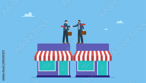 Businessman owner handshake on enterprise shop for B2B agreement. B2B, business to business sale agreement, enterprise commerce, contractor or supplier trade between company.