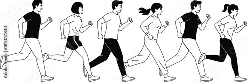 Illustration of diverse group of people running together, symbolizing fitness, health, and community activity