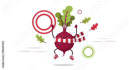 Joyful Beetroot With Scarf and Sneakers in Playful Illustration on Black Background