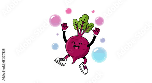 Joyful Beetroot With Bubbles: Colorful Cartoon Illustration On Dark Backdrop