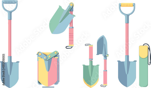 Colorful Gardening Tools Set Including Shovel Hoe and Trowel on White Background