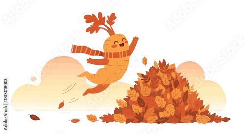 Joyful Carrot Character Jumping into a Pile of Autumn Leaves with a Cheerful Expression