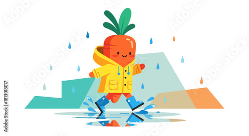 Joyful Carrot Character Frolicking in Puddle, Embracing Rain and Freshness