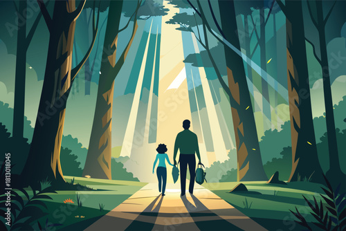 Father and child bonding on stunning forest trail walk with sunbeams, creating lasting memories together in nature's embrace during a peaceful day