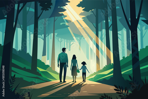 Family enjoying a peaceful walk through a vibrant forest with sunbeams, creating a heartwarming and hopeful scene, perfect for family-oriented campaigns