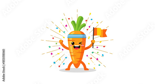 Joyful Cartoon Carrot Celebrating Victory with a Flag and Multicolored Confetti