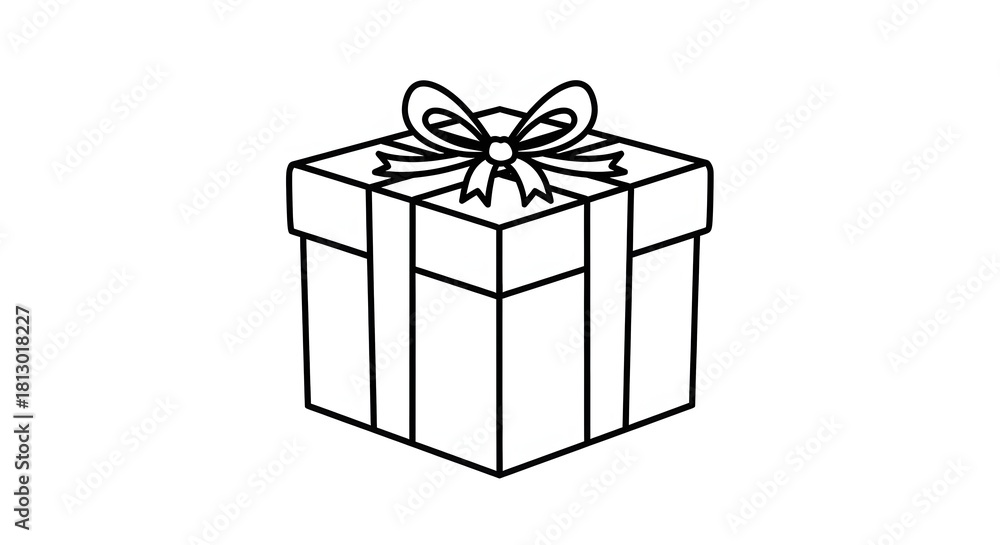 Obraz premium A simple black and white line drawing of a gift box with a bow on top.