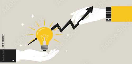 Conceptual illustration showing the exchange of ideas transforming into significant business growth and financial success, symbolized by a lightbulb, hands, and an upward trending arrow