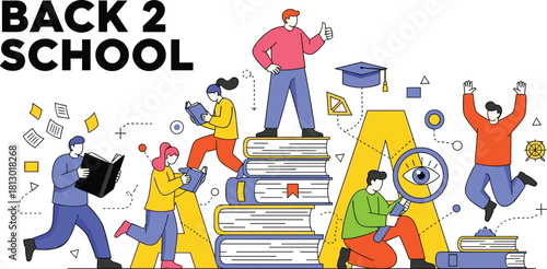 Back to School Cheerful Students Engaging with Learning and Books Illustration