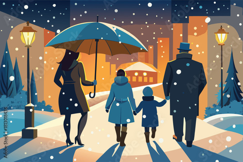 Cozy family stroll through a snowy winter wonderland, embracing the magic of the season under the gentle glow of vintage street lamps