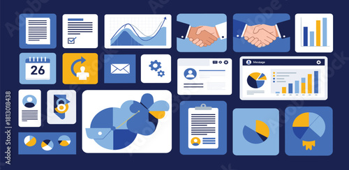 Business intelligence and digital communication toolkit flat vector icons for data analysis, reporting, financial growth, and strategic operations