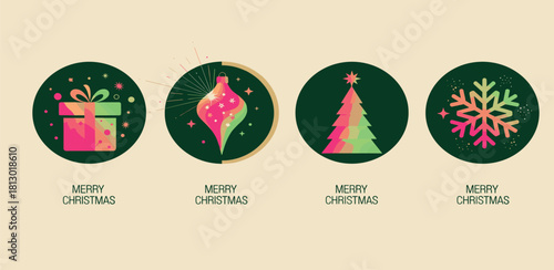 Festive Christmas Icons Green and Pink Holiday Set