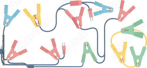 Colorful Alligator Clips Connected by Cables on White Background