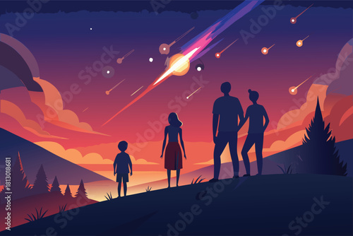Family enjoying a meteor shower together at sunset with vibrant colors and a sense of wonder in a peaceful landscape adventure moment