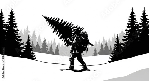 Black and white illustration of a person carrying a freshly cut Christmas tree.