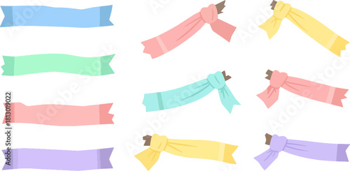 Colorful Fabric Ribbons in Pastel Colors on White Background