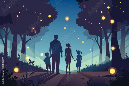Family enjoying magical evening walk in forest with glowing lights, creating memories and fostering connection in nature's embrace under starry sky