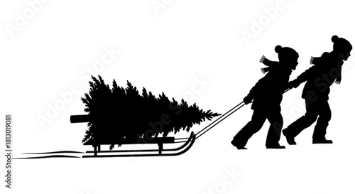 Silhouette of two children pulling a Christmas tree on a sled.