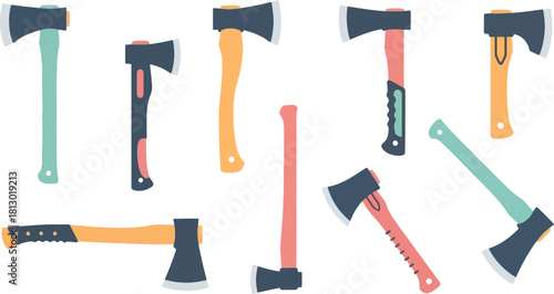 Collection of Colorful Axes and Hatchets on White Background