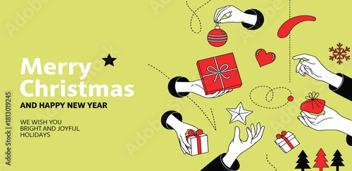 Vibrant holiday illustration featuring hands exchanging festive gifts, sparkling ornaments, and winter decorations, perfect for spreading Christmas and New Year cheer