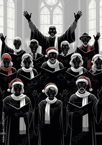Illustration of a Black gospel choir singing Christmas carols.