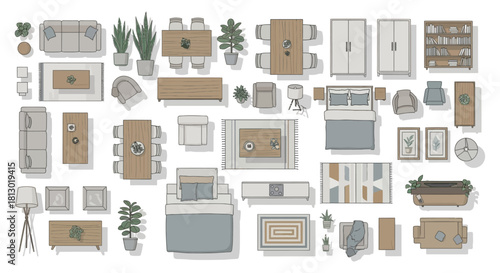 hand drawn top view furniture collection modern minimalist home decor elements for interior design layouts architectural floor plans.