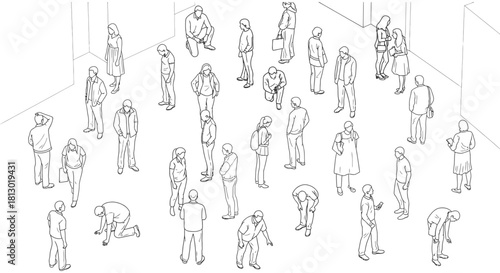 hand-drawn line art human figures top view collection in various poses for architectural plans infographic design crowd studies.