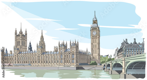 hand-drawn illustration of london houses of parliament and big ben along river thames iconic british architecture in westminster.