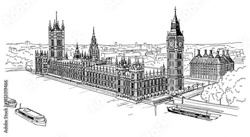 hand-drawn line art of londons houses of parliament and big ben an iconic british landmark by the river thames.