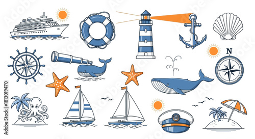 hand-drawn nautical marine elements collection with ships lighthouses whales and compasses for summer travel and ocean themes.
