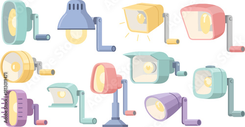 Colorful Modern Desk Lamps in Pastel Shades on White Background