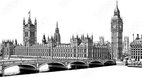 hand-drawn london houses of parliament big ben and westminster bridge iconic british landmark illustration over the historic river thames.