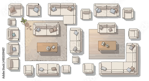 hand-drawn plan view of modern furniture arrangements and diverse room layouts for architectural blueprints interior design and home renovation projects.