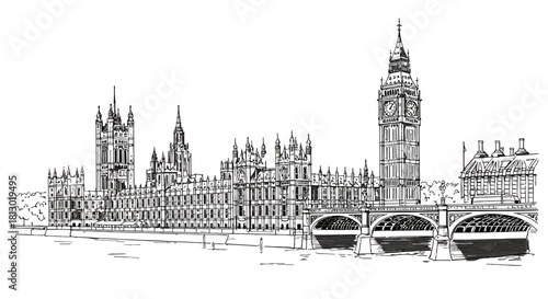 hand-drawn sketch of londons houses of parliament and big ben with westminster bridge over the river thames.