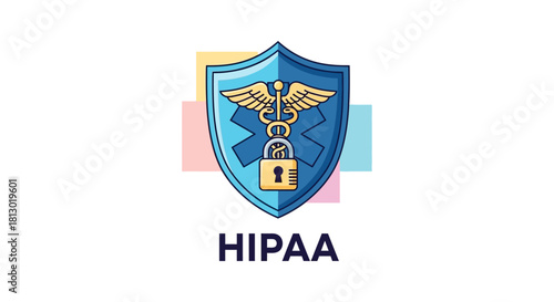 hipaa data privacy protection shield with caduceus and padlock symbolizing healthcare compliance and medical cybersecurity.