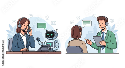 human and ai collaboration for customer service with agents and a robot providing support in a call center.