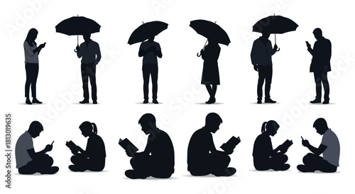 human silhouettes engaged in various daily activities standing with umbrellas using smartphones and sitting while reading books.