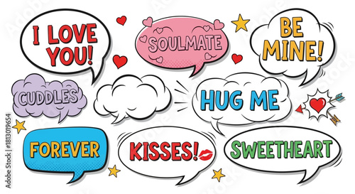 Whimsical Comic Style Love Speech Bubbles Featuring Romantic Messages For Valentine's Day
